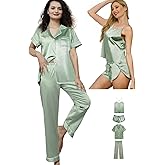 WJing Yi Jia Womens 4Pcs Satin Pajama Sets Silk Pajamas Set Sexy Cami Lingerie Sleepwear Silky Pj Nightwear Pjs Loungewear