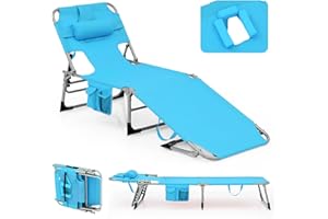 Giantex Beach Chair Chaise Lounge with Face Arm Hole, Detachable Pillow, Adjustable Backrest, Side Pocket, Carry Handle, Outdoor Folding Tanning Chair for Sunbathing (1, Turquoise)