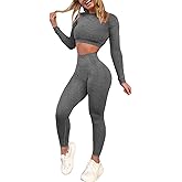 YOFIT Women's Workout Outfit 2 Pieces Seamless High Waist Yoga Leggings with Long Sleeve Crop Top Gym Clothes Set