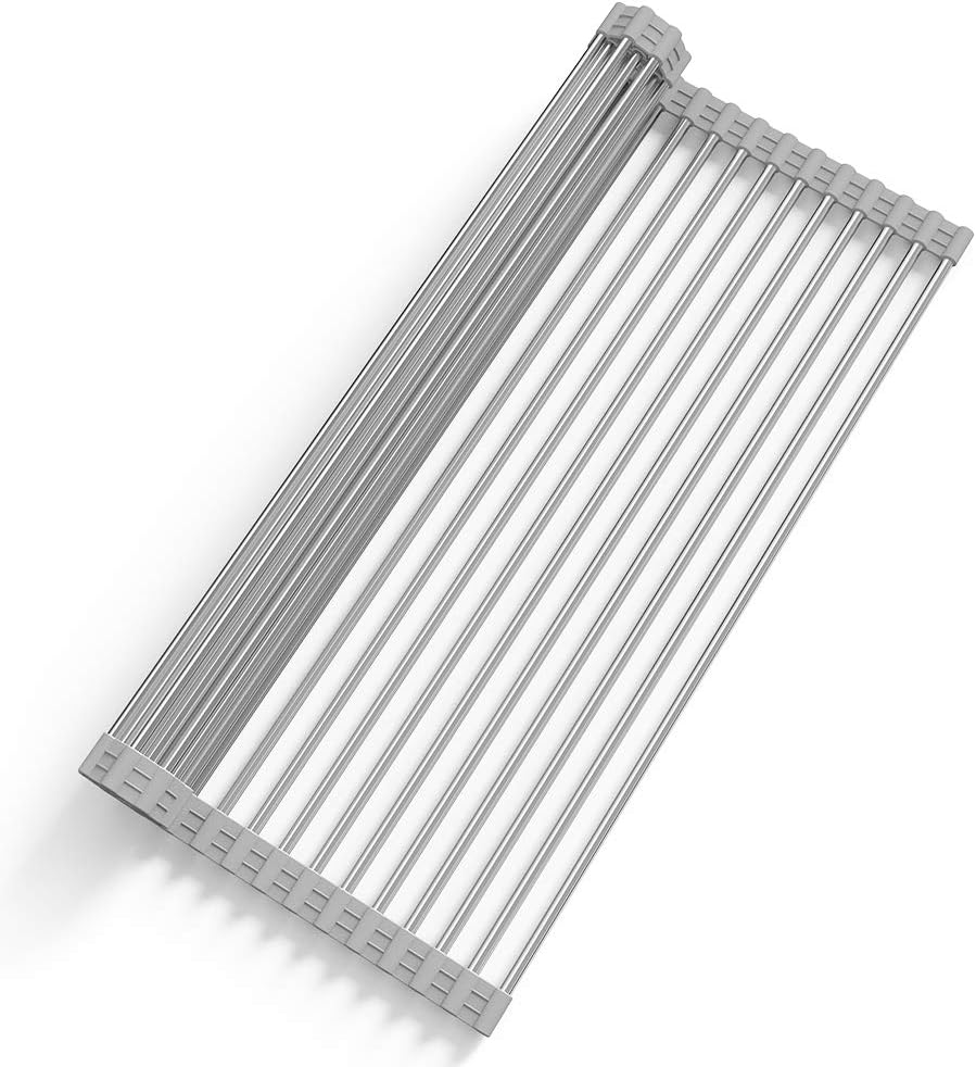 Over Sink Dish Drying Rack, Hisome Roll Up Dish Drainer Mat Foldable Stainless Steel Draining Rack, 50x34CM Portable Multipurpose Drying/Draining/Trivet(Grey)