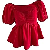 Floerns Women's Puff Sleeve Peplum Top Notched Neck Ruffle Hem Cute Blouse Tops