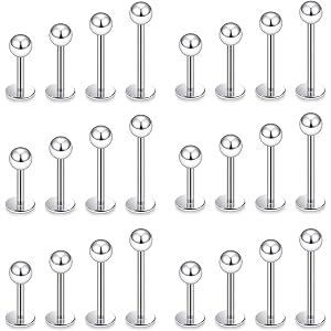 22/24-Piece 16G Flat Back Labret Lip Rings, 316L Stainless Steel, 6-12mm | Hypoallergenic, highly polished 316L steel with 3m
