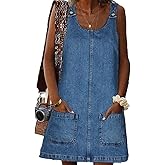 BZB Women's Sleeveless Casual Denim Dress Crewneck Vintage Loose Jean Overall Dress with Pockets