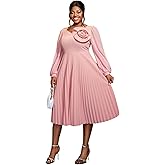 AOMEI Women's Chiffon Long Sleeve with Flower Pleated Elegant Midi Summer Dress