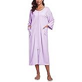 EA'S SECRET Women 100% Cotton Robes Lightweight Zipper Front 3/4 Sleeve Full Length Housecoat with Pockets Loungewear