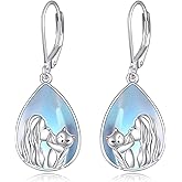 SDOPIR Cat Earrings with Moonstone – 925 Sterling Silver Teardrop Dangle Earrings for Women, Bohemian Jewelry with Cute Cat Design, Hypoallergenic Leverback Earrings