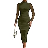 MOEENCN Women's Sexy Bodycon Midi Dress Birthday Outfits Sheer Mesh High Neck Ruched Date Night Club Party Dresses