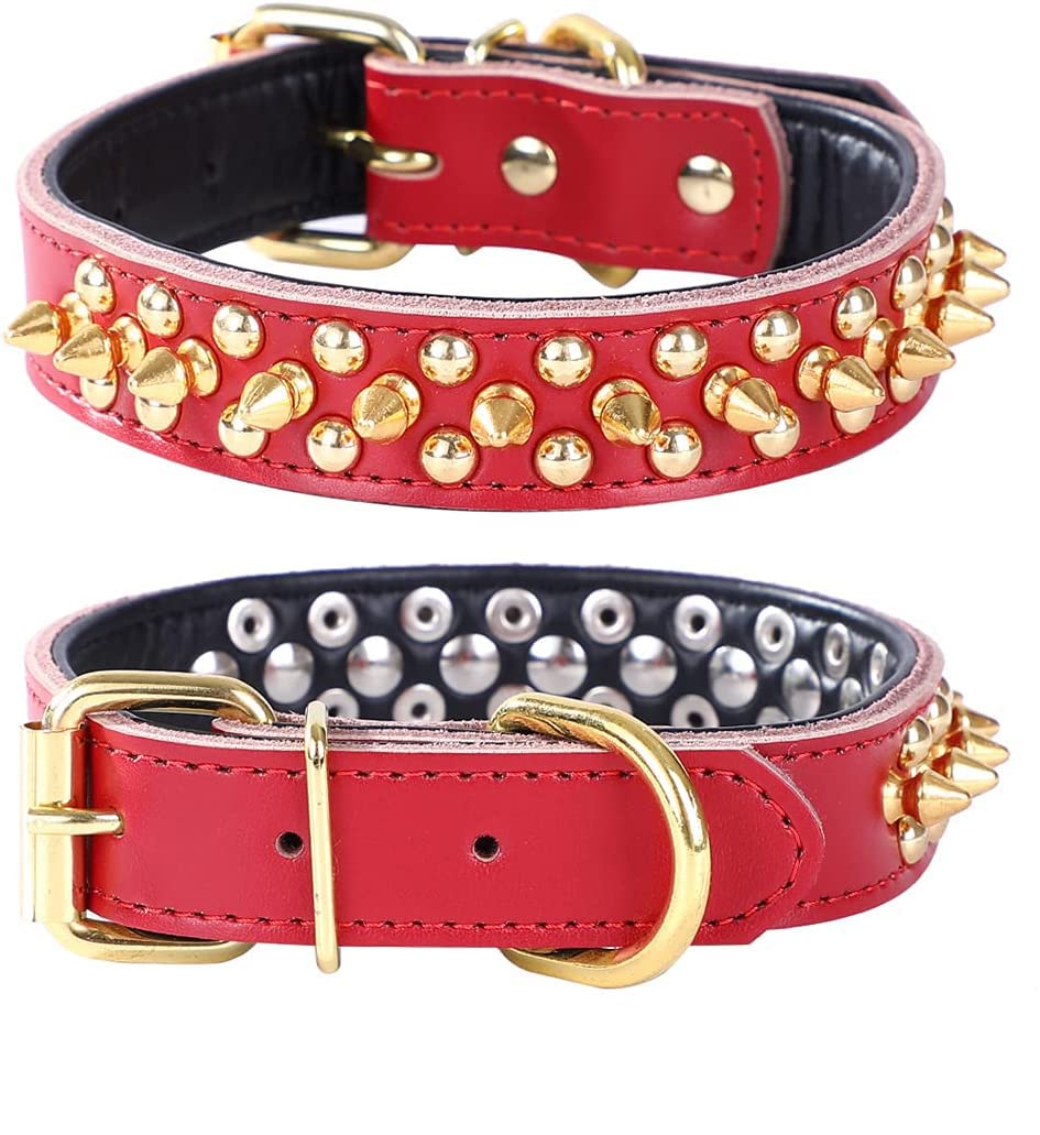 haoyueer Spiked Studded Dog Collar, Genuine Leather Dog Collar, Adjustable Pet Collars for Medium Large Bulldog Pitbull Mastiff Poodle Boxer (L, Red)