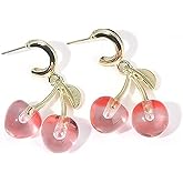 Charming Red Crystal Cherry Fruit Earrings for Women Vintage, Lovely Statement Cherries Gold Leaf Drop Dangly Earring Y2K Aesthetic Party Jewelry Gift