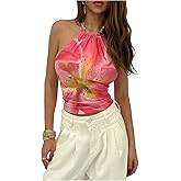 WDIRARA Women's Floral Print Sleeveless Halter Top Beaded Tie Backless Tank Crop Tops