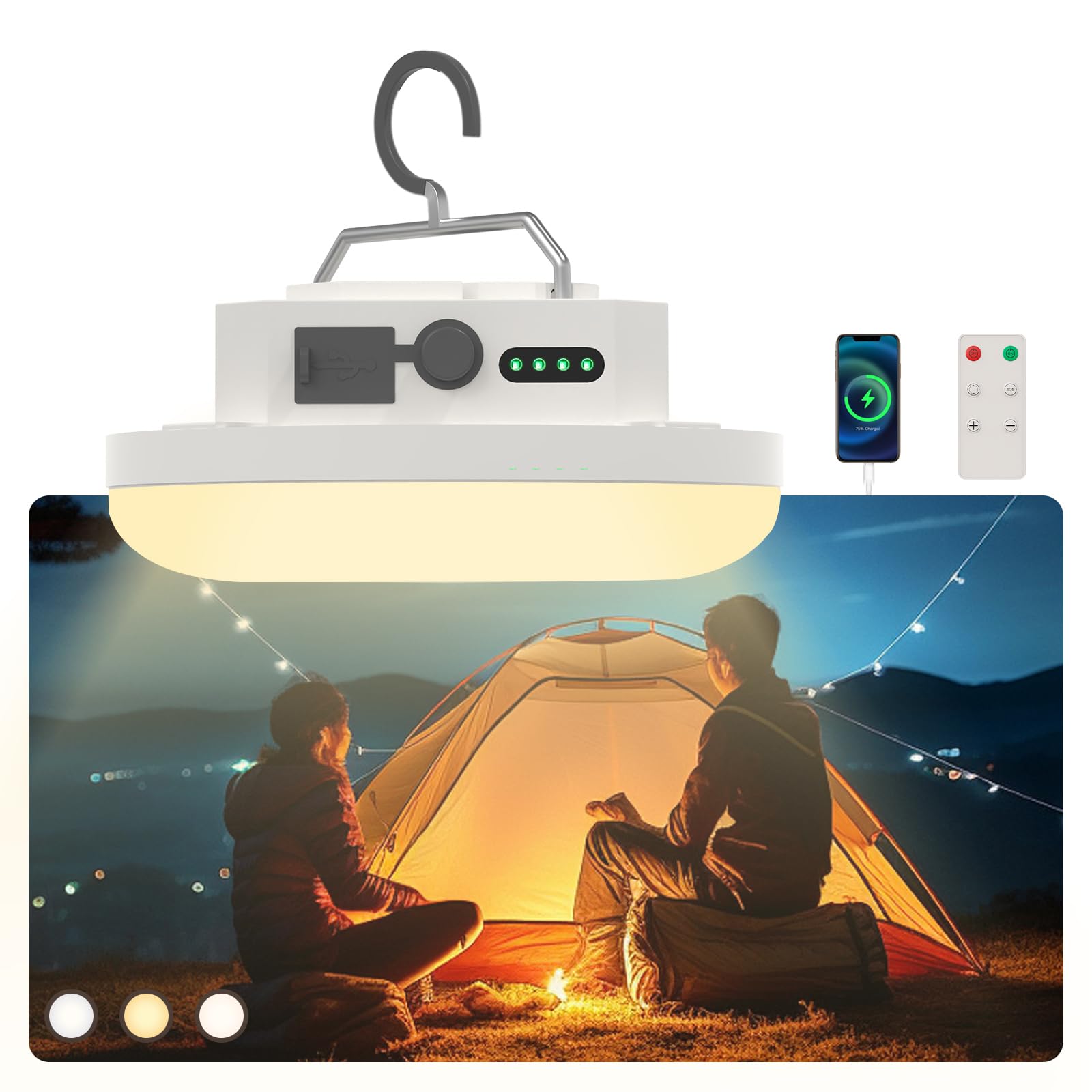 Photo 1 of 10000mAh Rechargeable Hanging Tent Light with Magnet, 30W 4000LM LED 3 Color Lighting Modes (Remote) Camping Lantern, Portable IPX5 Waterproof LED Flashlight for Emergency & Gift
