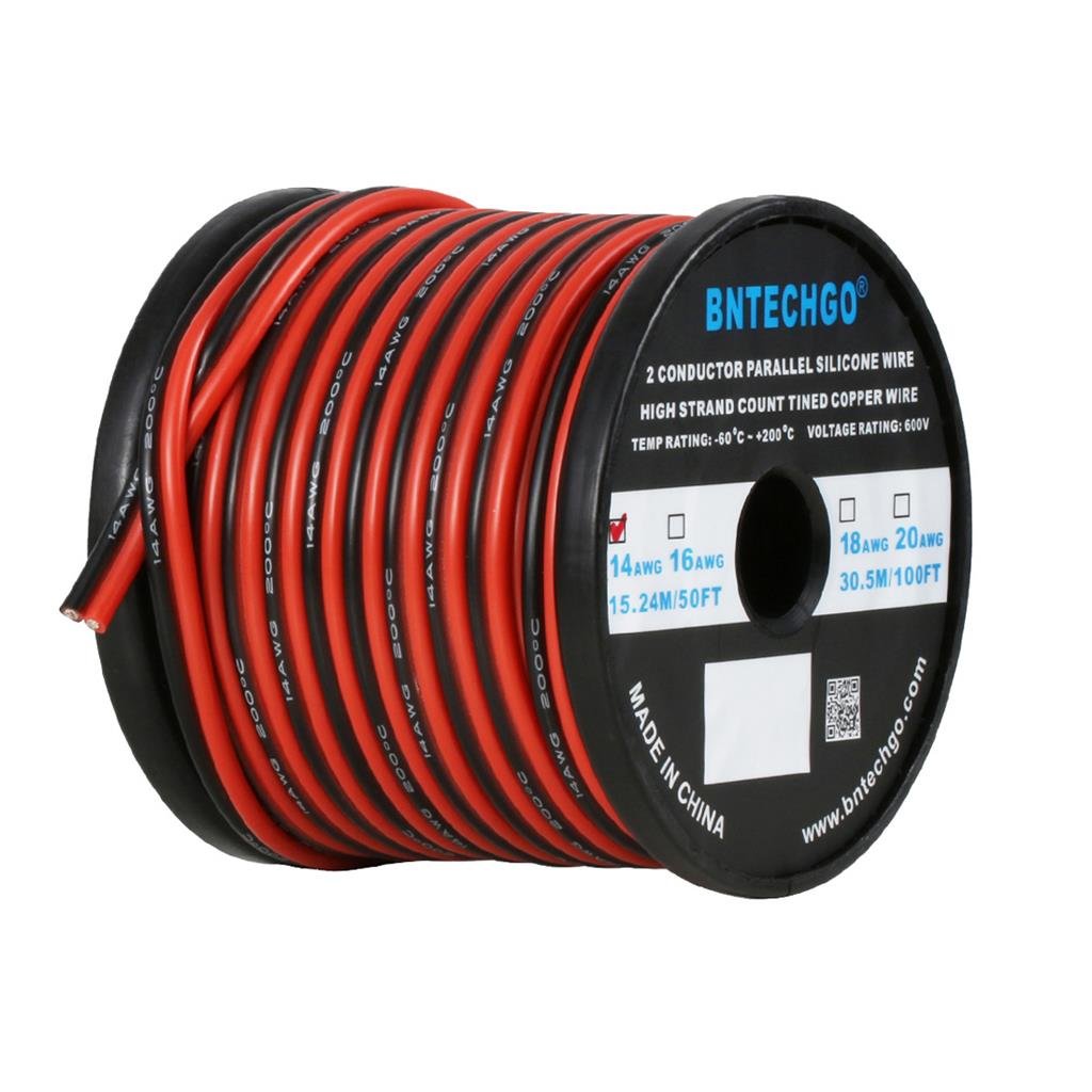 BNTECHGO 14 Gauge Flexible 2 Conductor Parallel Silicone Wire Spool Red Black High Resistant 200 deg C 600V for Single Color LED Strip Extension Cable Cord,model,50ft Stranded Tinned Copper Wire