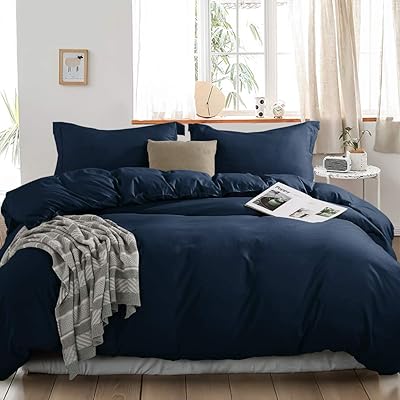 INGALIK Bedding 3 Piece Duvet Cover Set Full Size with Zipper Closure Ultra Soft Breathable 100% Washed Microfiber Hotel Luxury Solid Color Collection 3pc (1 Duvet Cover + 2 Pillow Shams) Navy Blue