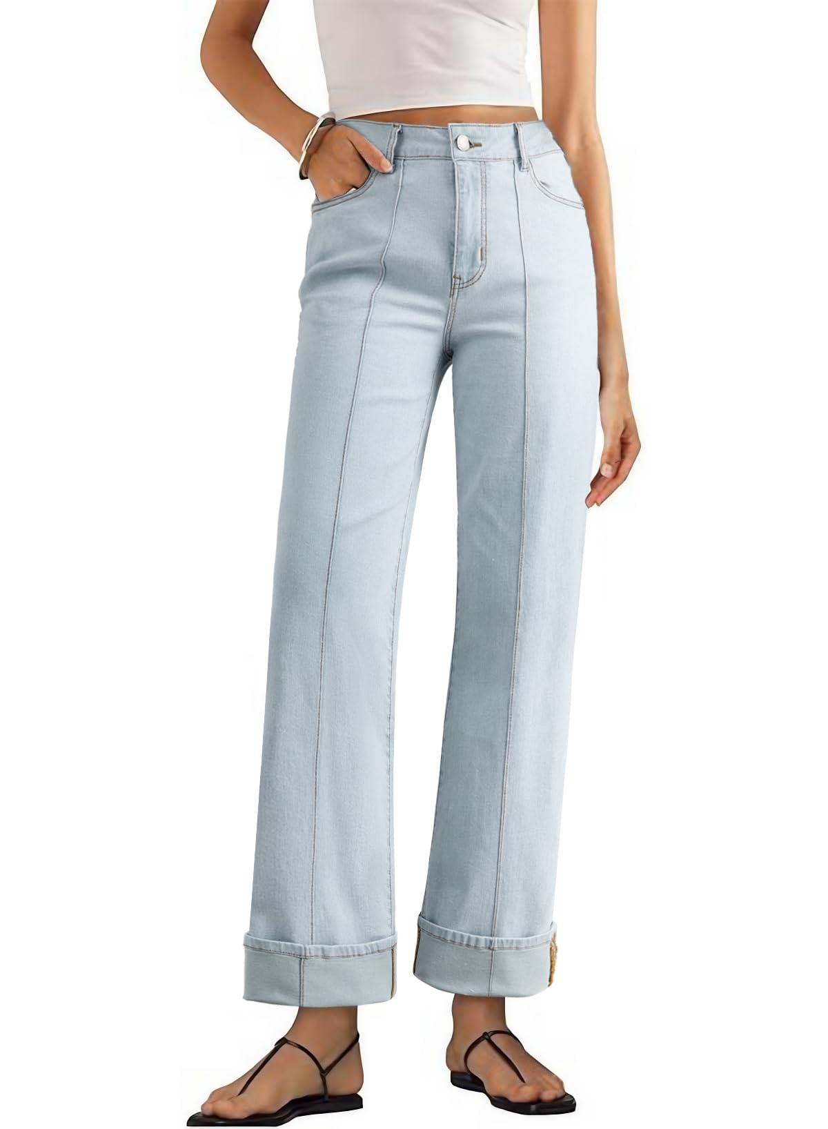 Photo 1 of Sidefeel Women's Wide Leg Cuffed Jeans High Waisted Baggy Stretchy Denim Pants with Pockets Iceland Blue Size 8