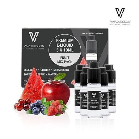 VAPOURSSON 5 X 10ml E Liquid gemischte Früchte, 0mg (Ohne Nikotin) Süßer Roter Apfel | Blaubeere | Kirsche | Erdbeere | Wasse