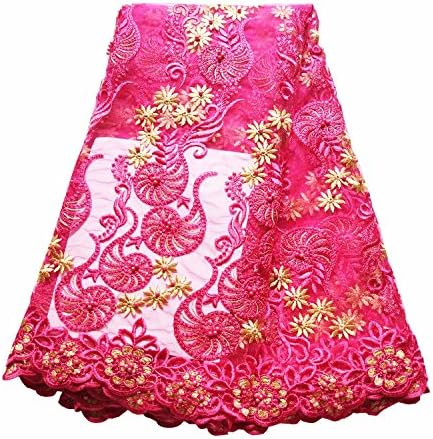 BlueSky 5 Yards African Nigerian French Lace Net Fabric Embroidered Beading and Rhinestones Guipure Cord Lace for Wedding Party A003 (red)