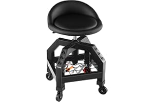 Goplus Rolling Garage Stool, 22.5”-27.5” Adjustable Mechanic Chair with Padded Seat, 330LBS Capacity, Tool Tray, Heavy Duty Creeper Seat, 360° Swivel Shop Stool for Workshop