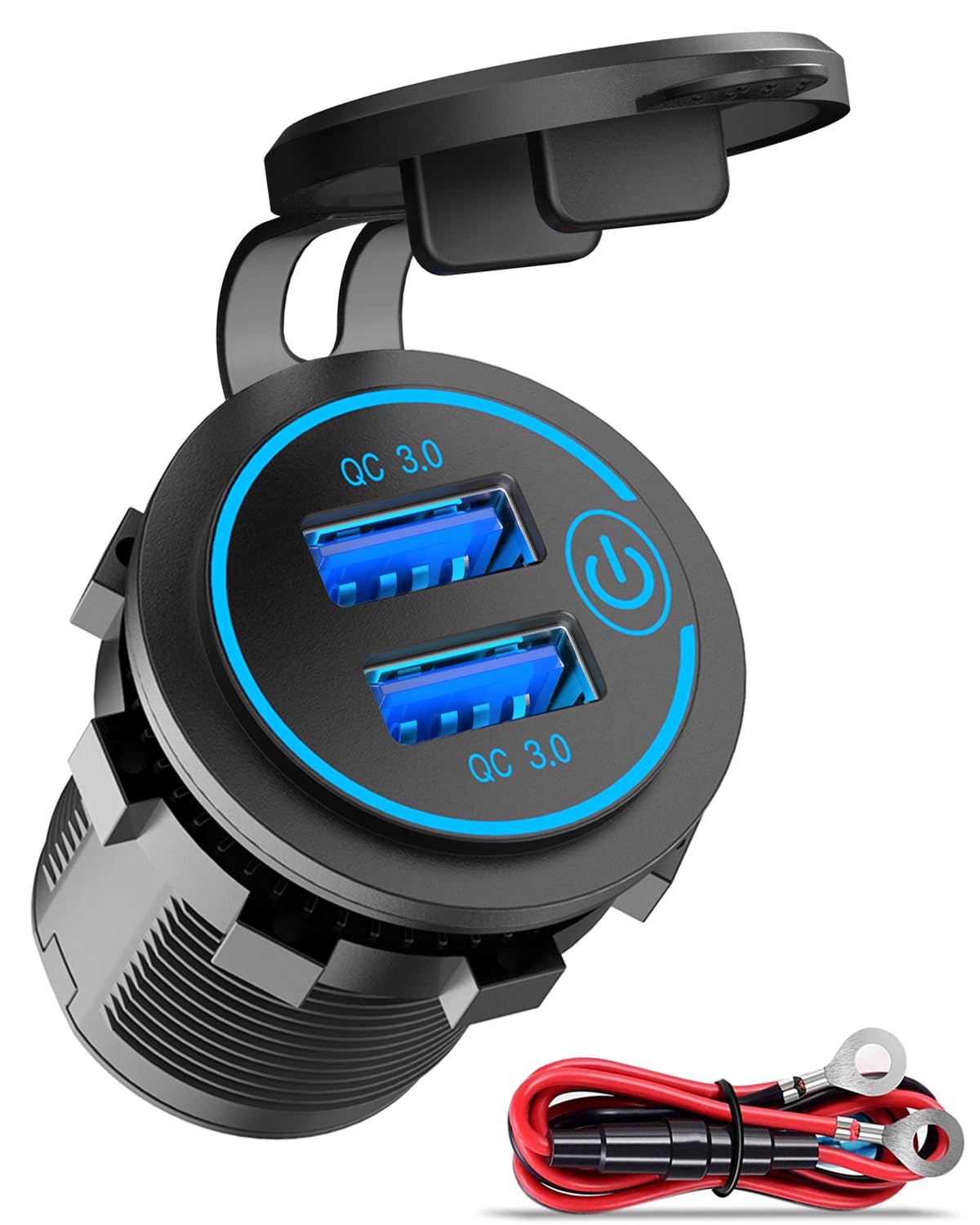 QC3.0 Dual USB 12V Outlet with Touch Switch: 12 Volt Marine Socket Golf Cart USB Port DC Car Charger Waterproof Power Adapter Cigarette Lighter Mount Fast Charge for Boat Motorcycle ATV RV
