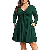 Manllenshie Womens Plus Size Dress Roll up Long Sleeve Casual Deep V Neck Twist Knot Front Flowy Dresses with 2 Pockets