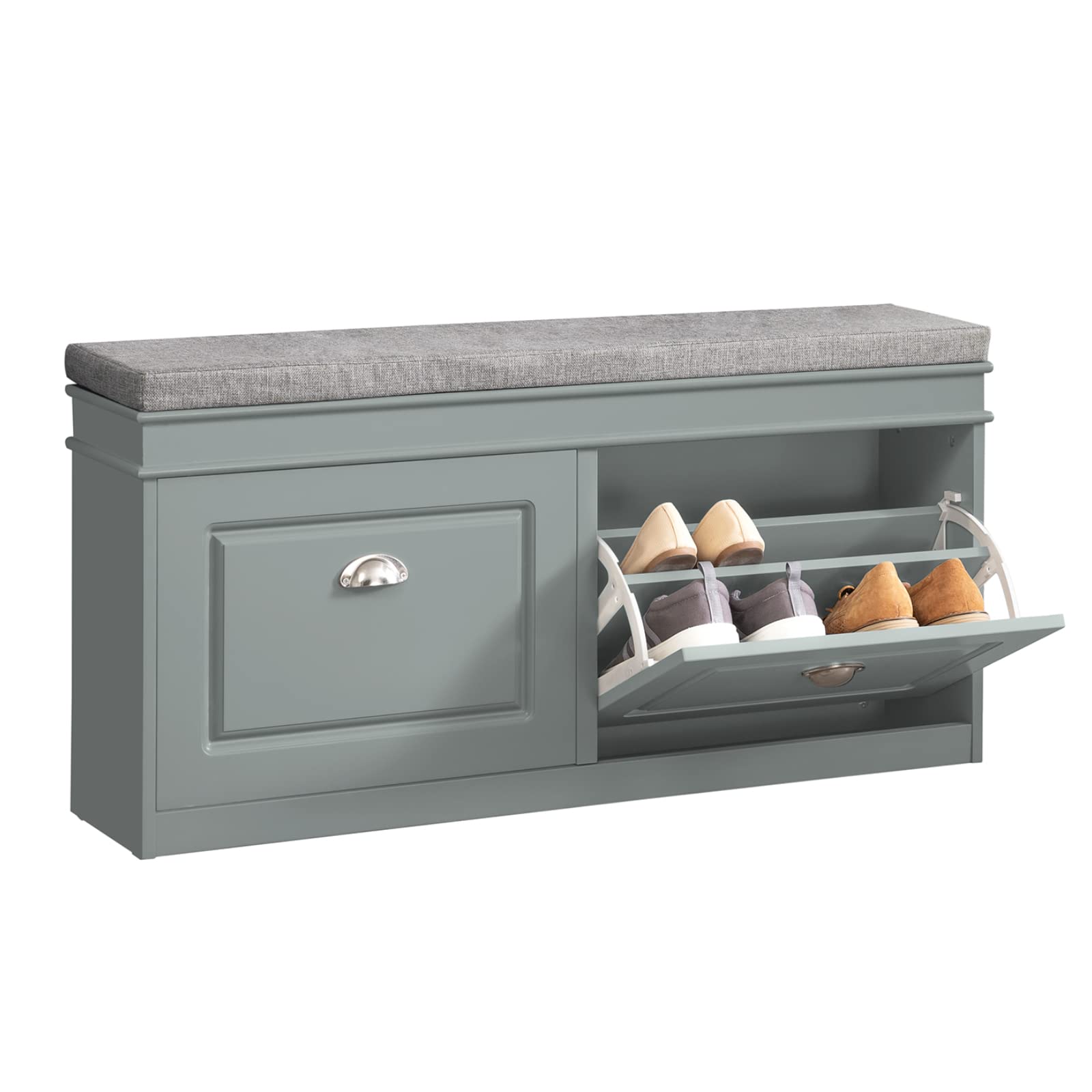 Photo 1 of Haotian Grey Storage Shoe Bench with 2 Flip Drawers & Padded Seat Cushion, Enterway Bench Shoe Cabinet Shoe Organizer, Hidden Shoe Rack Bench for Hallway, Bedroom FSR64-HG