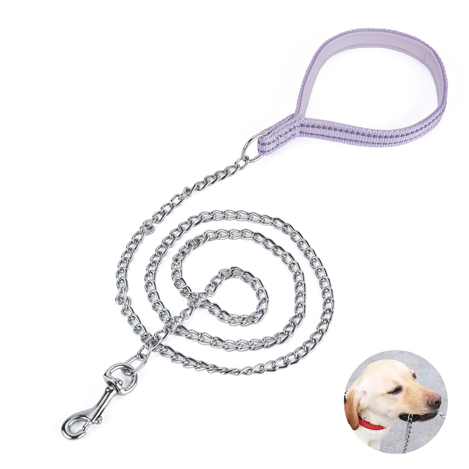 Petiry Chain Lead Chew Proof Metal Dog Leash with Soft Padded Handle,4ft Length 3mm Thick Strong Anti-Bite Dog Lead for Medium Large Dogs,Lilac,M