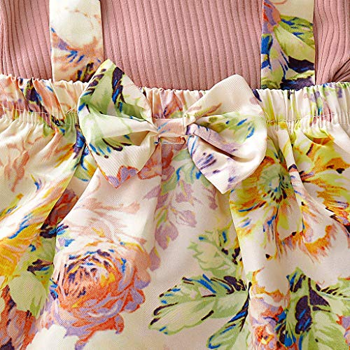Tomppy Infant Toddler Baby Girls Solid Ruffle Romper + Floral Suspenders Skirts 2PCs Outfits Sets Pink