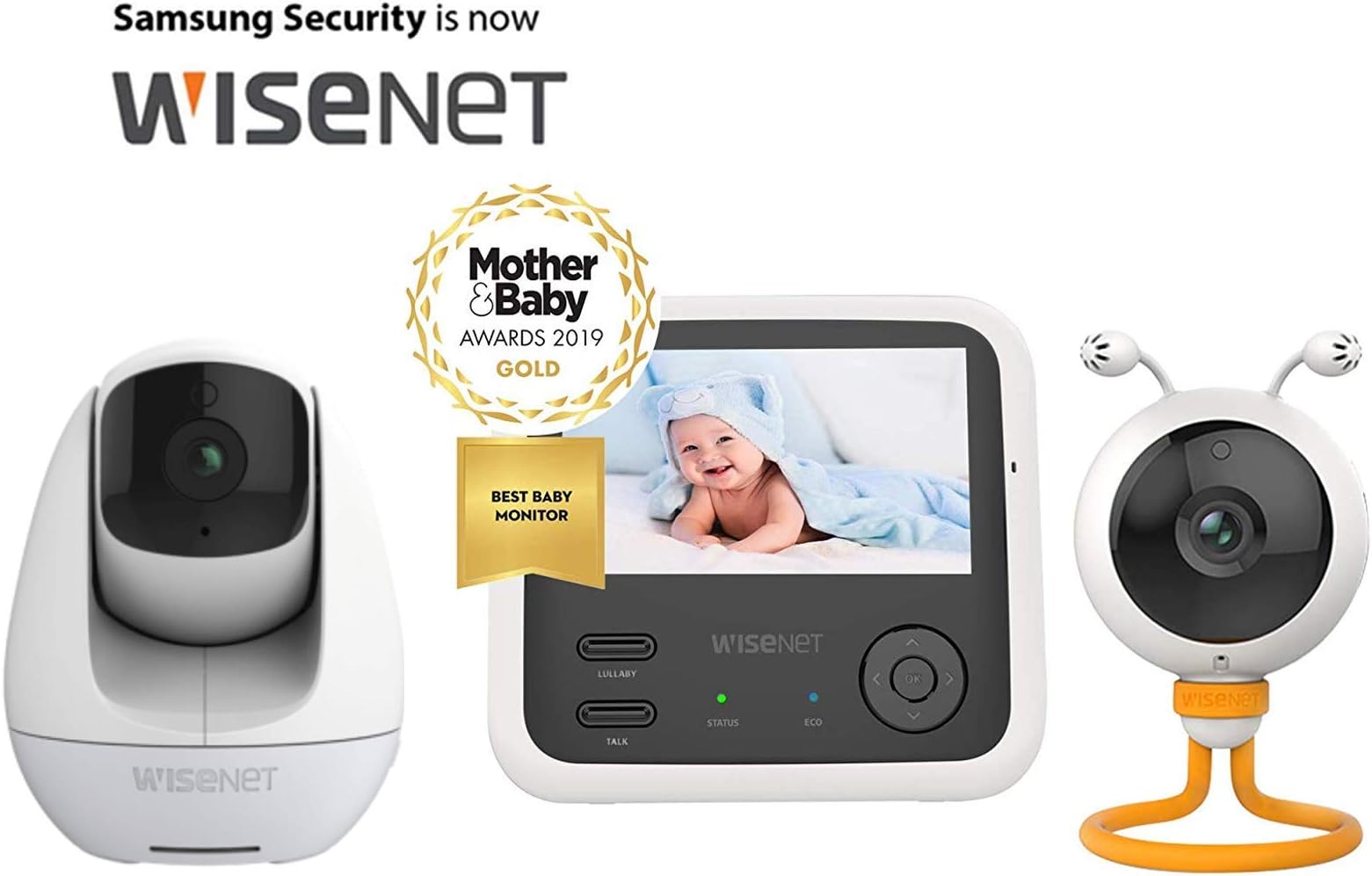 Wisenet SEW 3048/3049, 1 Flex Camera & 1 Pan/Tilt Camera Video Baby Monitor Bundle. Winner of Mother&Baby 2019 Gold Award. 4.3" Wide LCD Screen, Super-Fast Sound and Video Response Time.