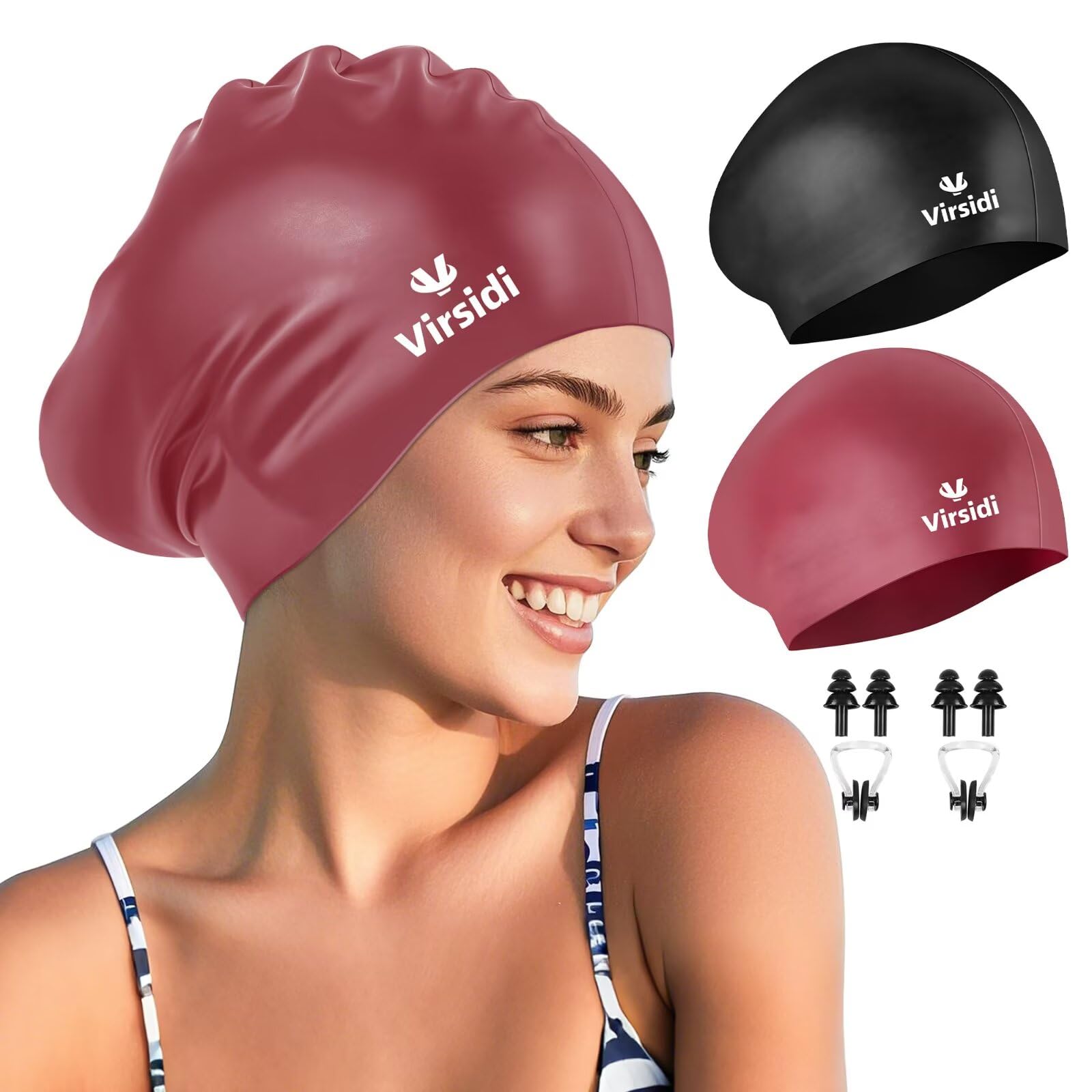 Photo 1 of 2 Pack Large Swim Caps for Long Hair, Silicone Swimming Cap for Adult Women Men, Waterproof Swim Hats Bathing Caps to Keep Hair Dry with Bonus Nose Clip and Earplugs-05