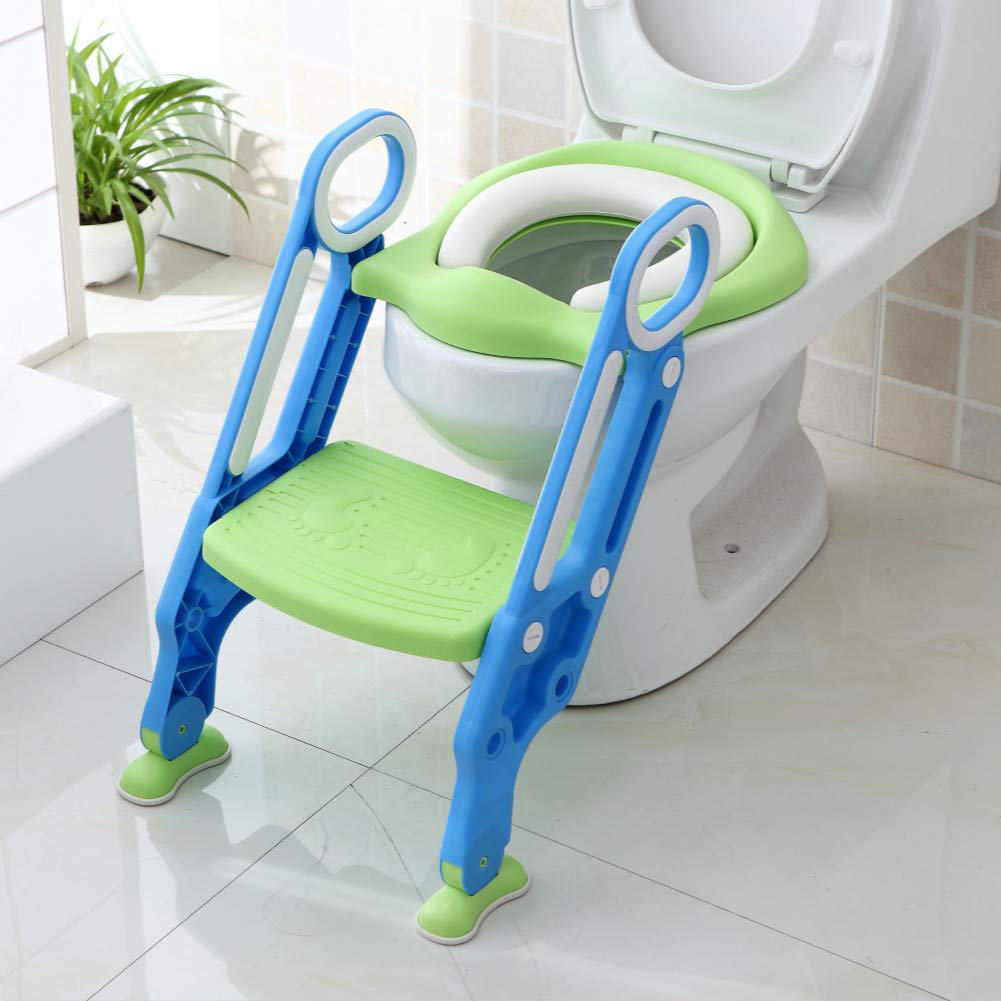 DuDuEase Potty Training Seat with Step Stool Ladder for Kids Children Baby Adjustable Toddler Toilet Training Seat with Soft Cushion Foldable Sturdy and Non-Slip Wide Steps for Boys Girls (Blue Green)