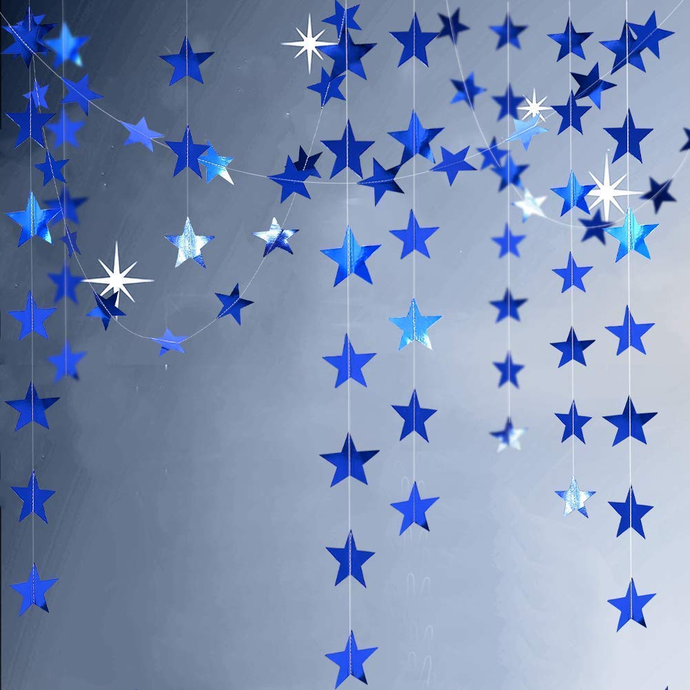 Decor365 Reflective Blue Star Garlands Streamer/Bunting/Backdrop party Decoration Stars Hanging Decor for Frozen Birthday/Blue Silver Wedding/Engagement/Royal Baby Shower/Kids Room/Home Decorations