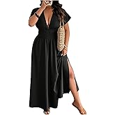 SOLY HUX Women's Plus Size Deep V Neck Maxi Dress Short Sleeve Split Hem Flowy Summer Dresses