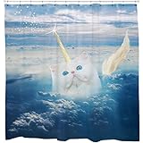 Sharp Shirter Unicorn Cat Shower Curtain Set Blue White Cloud Art Caticorn Waterproof Fabric Hooks Included 72 x 72