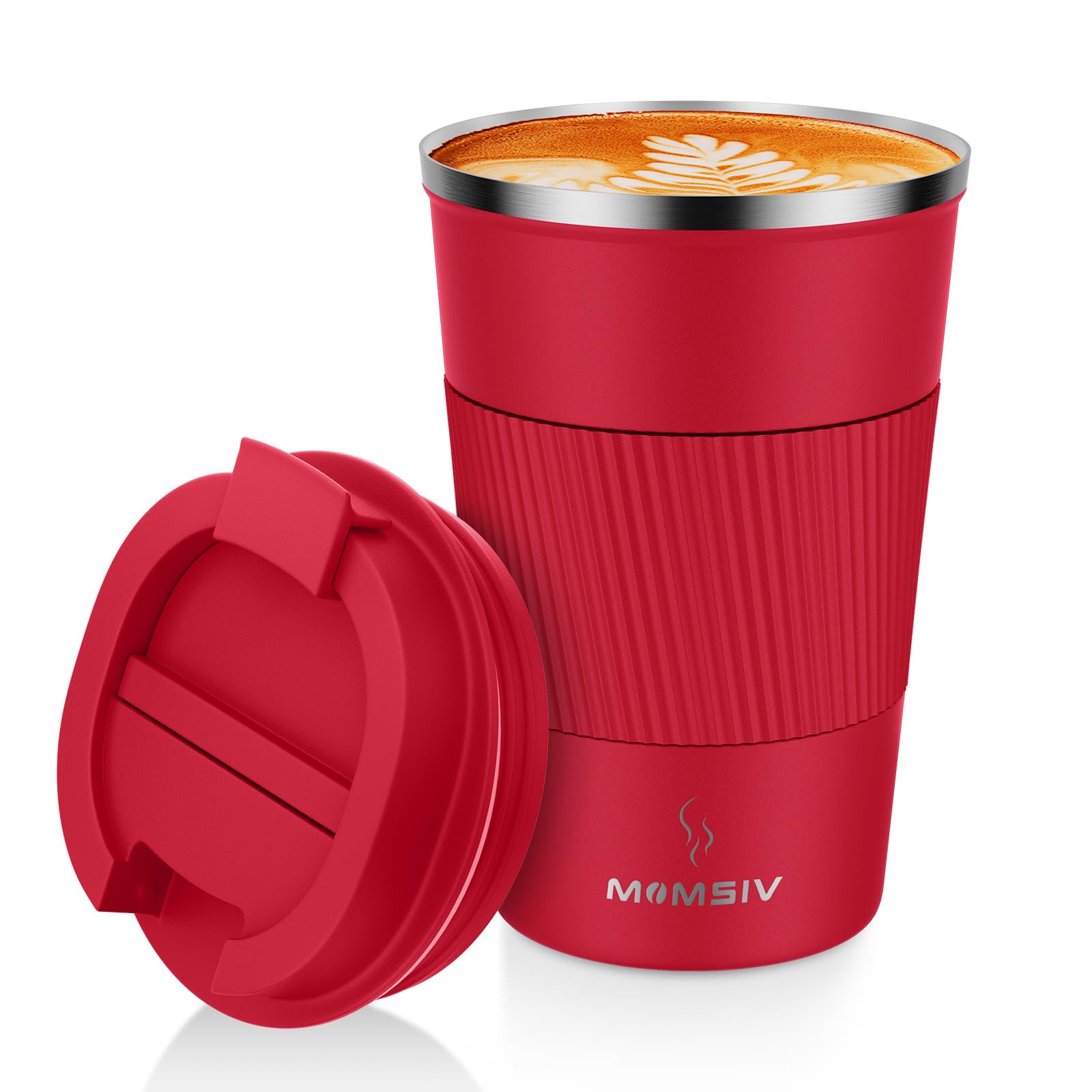 MOMSIV Coffee Cup, Vacuum Reusable Leakproof Double Wall Travel Cup, Insulation Stainless Steel Eco-Friendly Travel Office Mug for Hot Coffee Tea and Cold Drinks, 13oz/380ml (Red)
