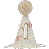 First Birthday Party Hat, White with Gold Number 1, Pink and Ivory Bows, Pom Pom Topper