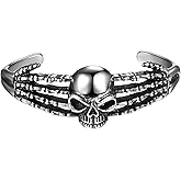 OIDEA Gothic Skull Cuff Bracelet for Men: Silver Tone Stainless Steel Skeleton Hands Cuff Bangle Halloween Punk Rock Jewelry Gifts for Womens Mens