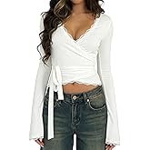 Womens Y2k Lace Sheer Mesh Crop Tops Long Sleeve Deep V Neck Cross Wrap Blouses Slim Fit Fairy Coquette T-Shirts