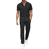 UOUA Mens 2 Piece Outfits Summer Casual Short Sleeve Button Down Shirt & Long Pants Sets Beach Vacation Suits Tracksuits