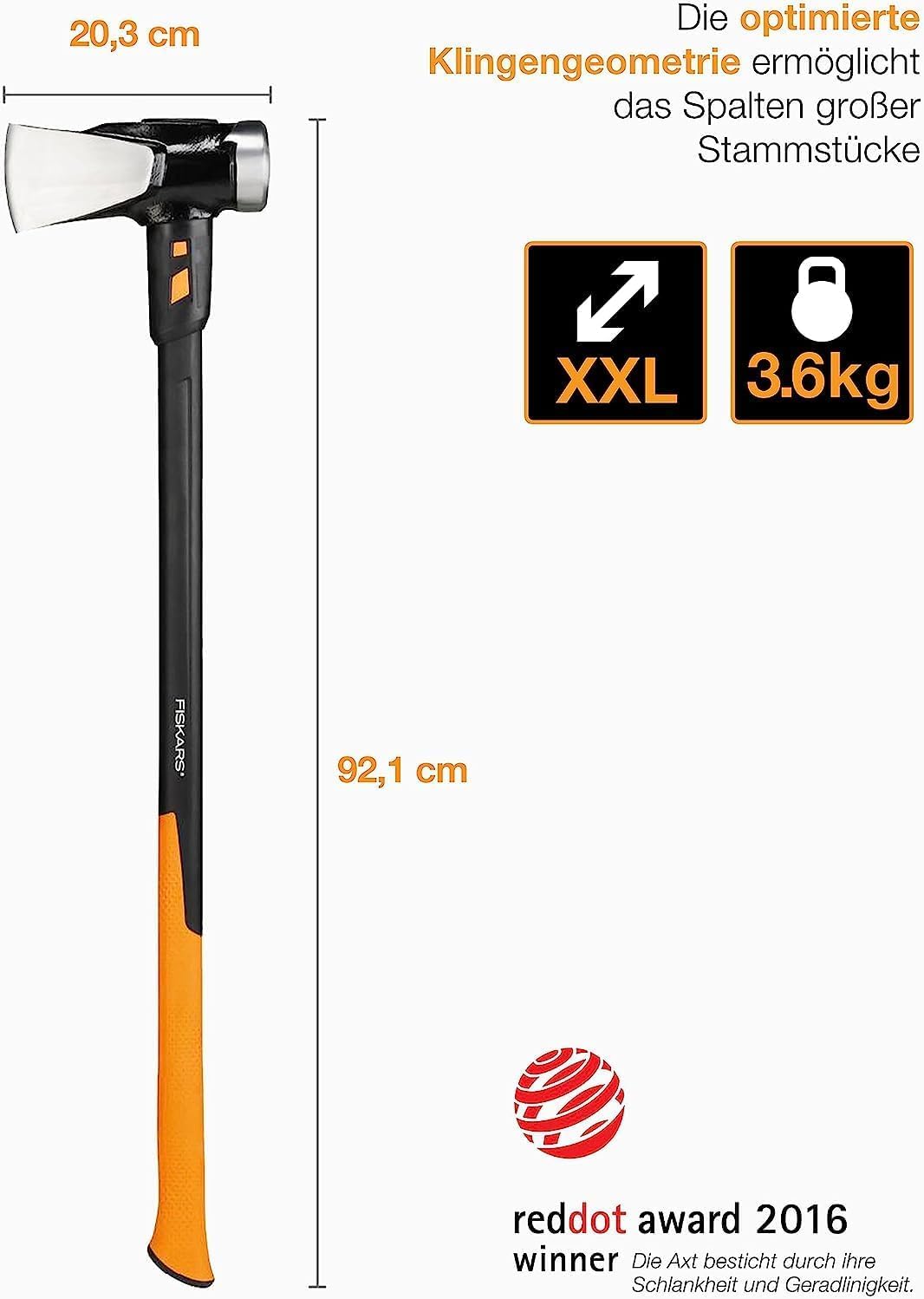 Fiskars Spaltaxt IsoCore XXL zum Spalten von Stammstücken oder zum Eintreiben von Keilen, Länge: 92 cm, Kopfgewicht: 3,6 kg, Schwarz/Orange, 1020220 8