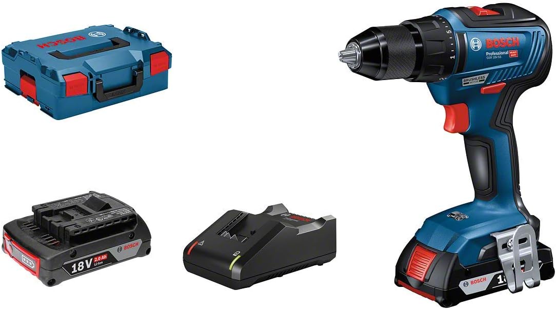 Bosch Professional 18V System Cordless Drill/ Driver GSR 18V-55 (incl. 2x GBA 2.0Ah Batteries, Charger, GAL 18V-40, Inlay, L-BOXX 136)