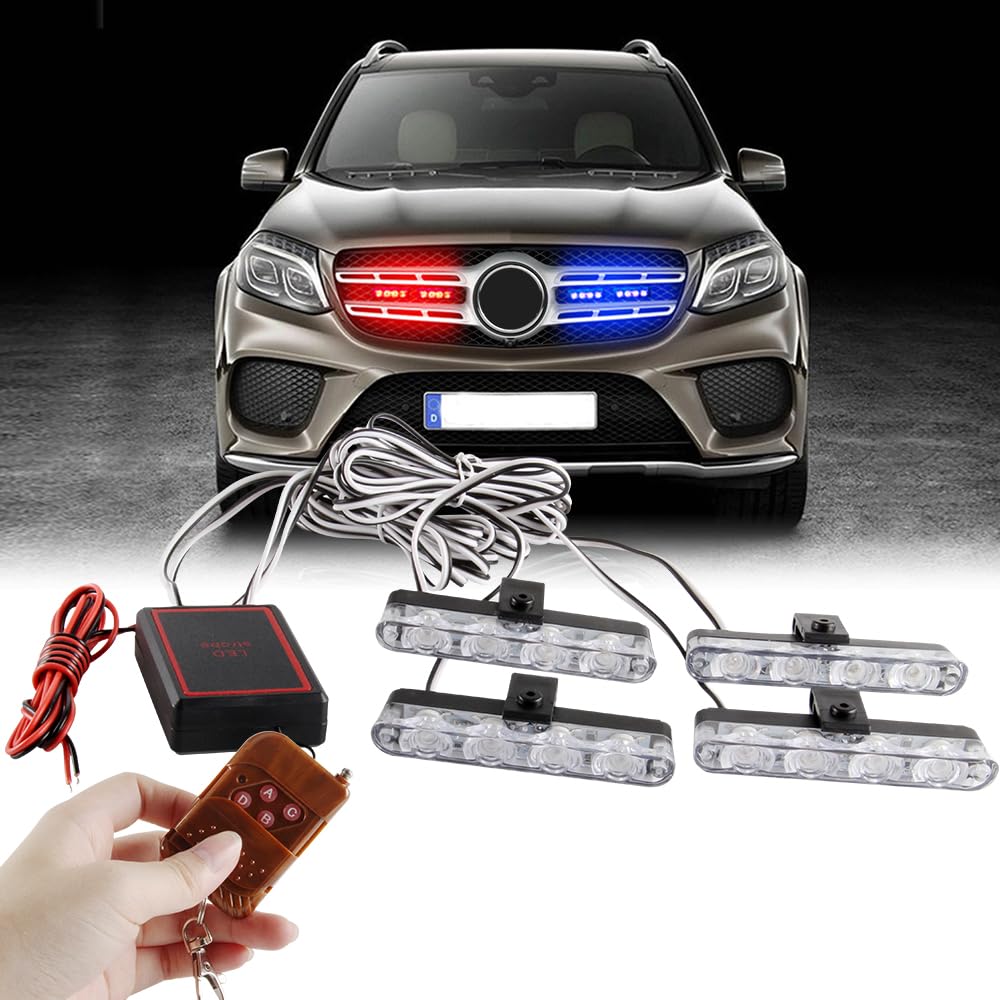 Sidaqi 4 in 1 16LED Red&Blue Emergency Strobe Light for Vehicles - Wireless Remote Control Police Light for Car, Flashing Warning Grille for Truck Motorcycle 12V