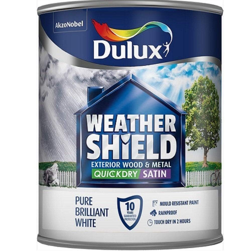 Dulux Weather Shield Quick Dry Satin Paint, 750 ml - Pure Brilliant White - Packaging May Vary