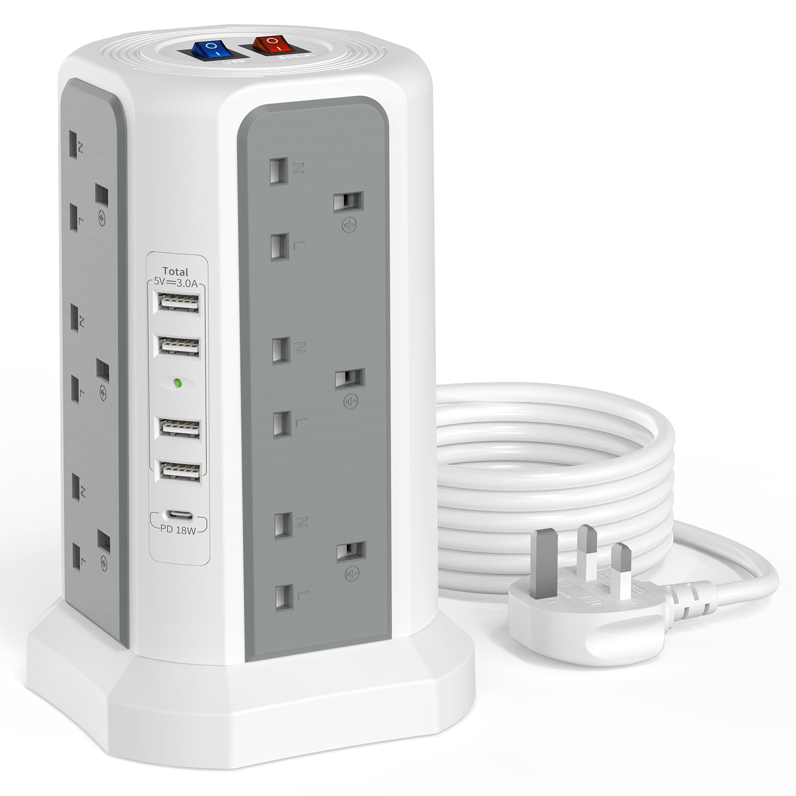 Tower Extension Lead with USB Slots and 18W USB C Fast Charger, (13A 3250W) 5 USB Ports and 12 Way Extension Tower, Surge Protected Extension Cable for Home, Office (Grey and White, 1.8M)
