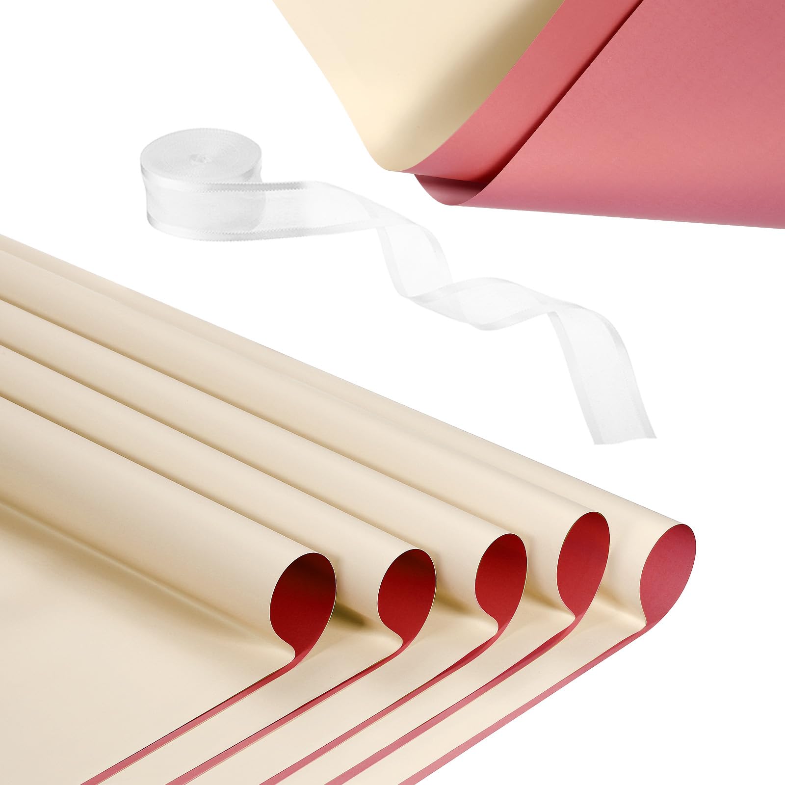 PATIKIL 20 Sheets Flower Wrapping Paper, Waterproof Flower Paper Wraps with Ribbon Floral Bouquet Supplies for DIY Crafts Packaging Bouquet, 22.8x22.8 Inch, Pale Pink/Dark Pink