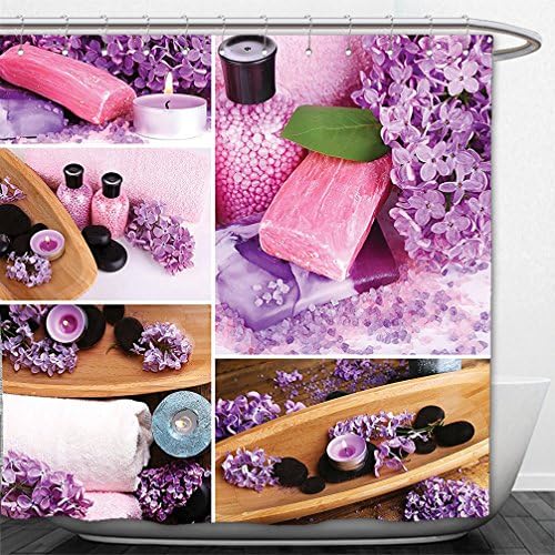 Interestlee Shower Curtain Collection Aromatic Spa with Lilac Petals Fresh Therapy Oils Bath Salt Soap Relax Theme Meditation Collage Violet