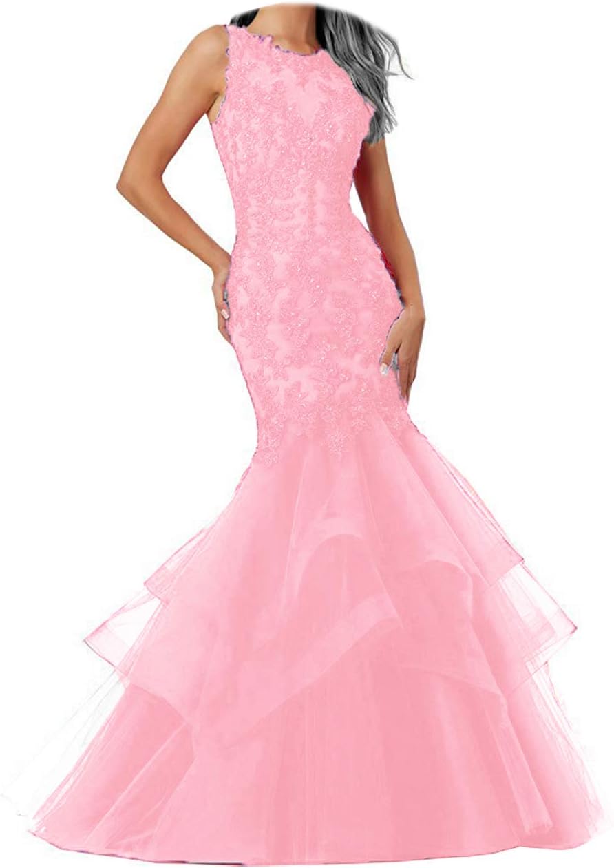 Ellenhouse Women's Applique Tulle Long Mermaid Prom Party Evening Dresses