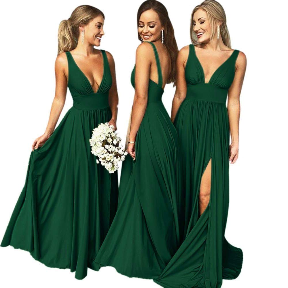 Bridesmaid-Dresses-Long-V-Neck-Backless-Split-Beach-Wedding-Evening-Prom-Dress-for-Women-Dark-Green-Size8