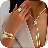 Pearl Necklace Bracelet Rings Set Long Pearl Lariat And Gold Necklaces Y White Long Snake Dainty Statement Adjustable Trendy Birthday Jewelry Accessories Gifts