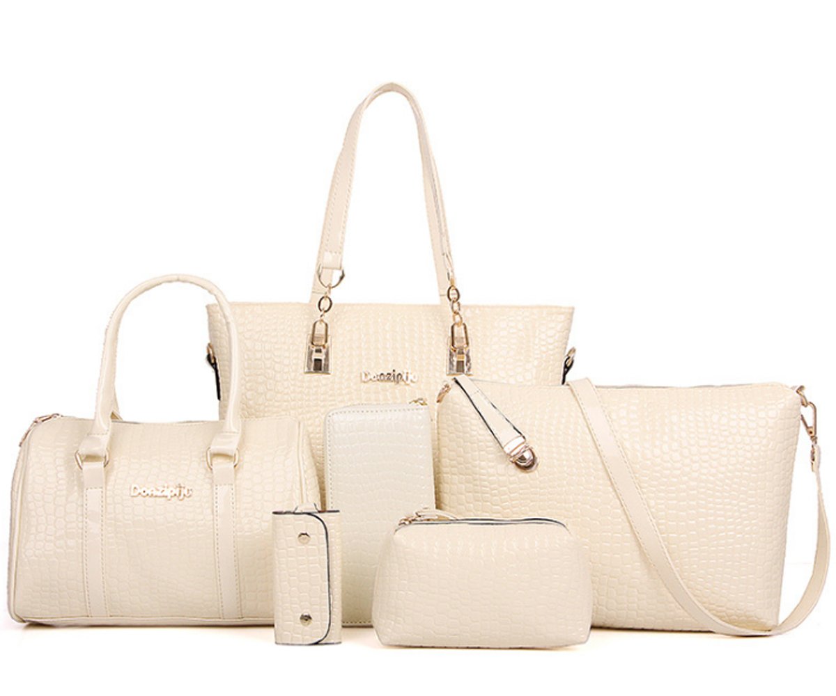 FiveloveTwo Womens Ladies 6 Pieces Handbag Set Hobo Clutch Top Handle Totes Satchels Crossbody Bags and Purse Large Bag+Tote+Shoulder Bag+Wallet+Card Holder White