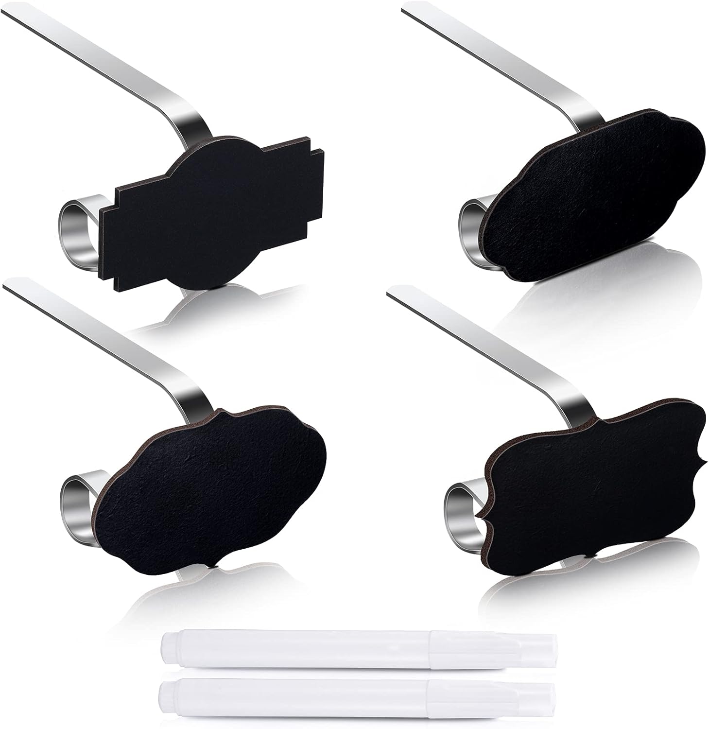 Ornament Hooks - 4 Pieces Christmas Stocking Holder Fireplace Stocking Hooks Mantel Clips with Chalkboard Icons Stylus Pens Adhesive Fix Clips for Christmas Home Decorations, Silver