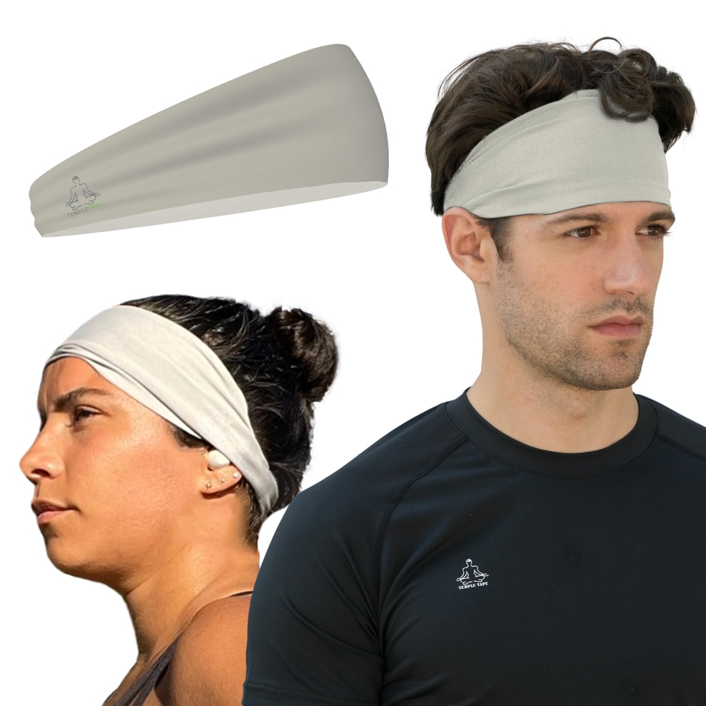 Temple Tape Headbands for Men and Women - Mens Sweatband & Sports Headband Moisture Wicking Workout Sweatbands for Running, Cross Training, Yoga and bike helmet friendly - Gray